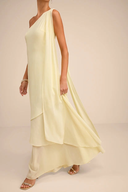 Camellia Light Yellow One-Shoulder Bow Maxi Dress