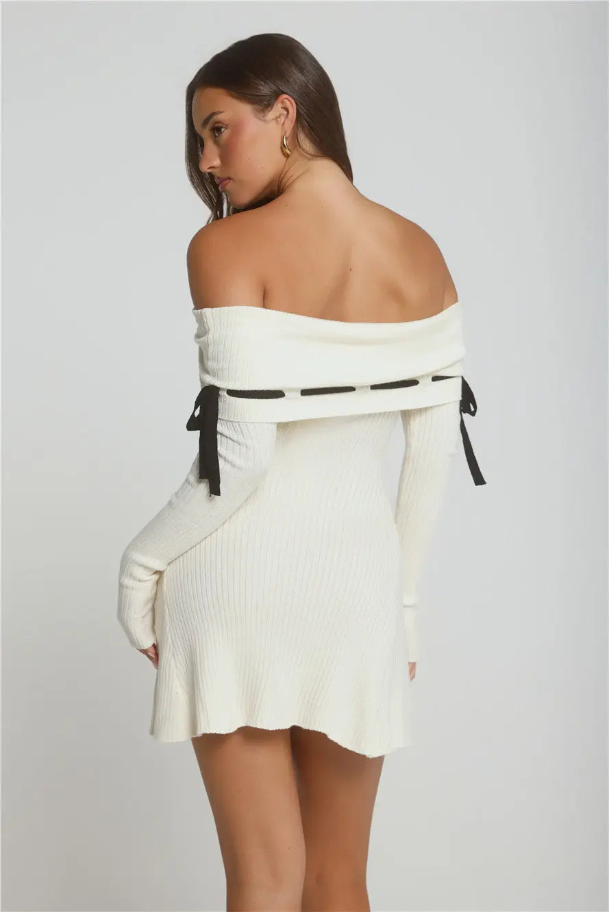 Winter Spice Off Shoulder Knit Mini Dress Cream