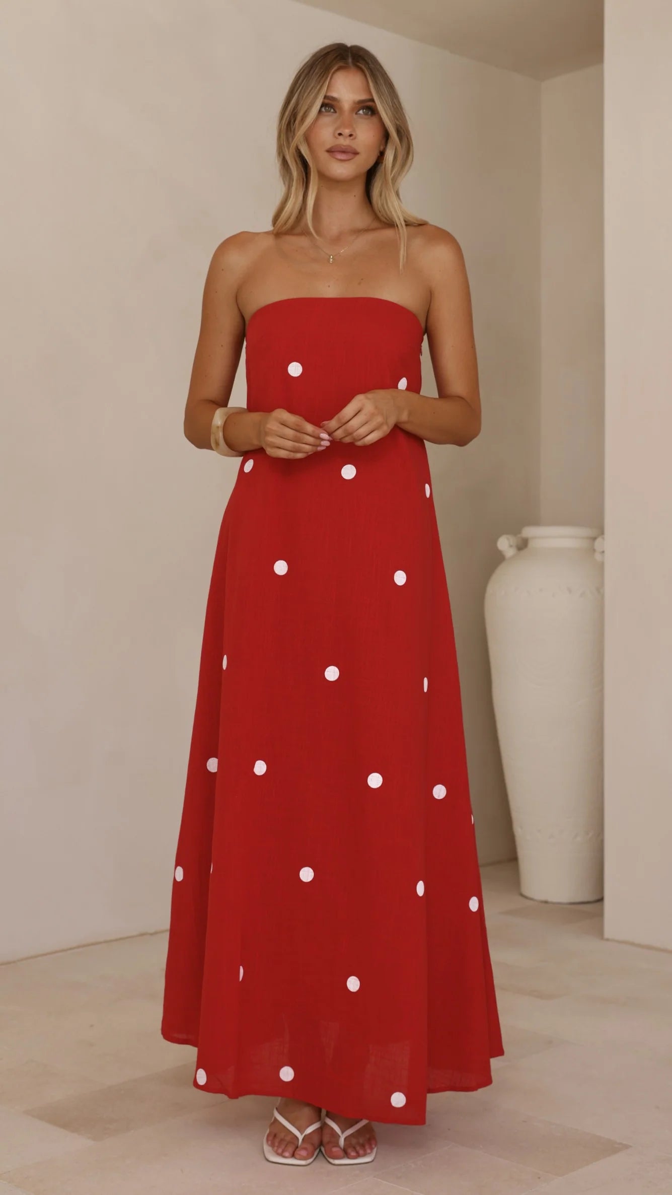 Connie Maxi Dress - Red/White Polka Dot