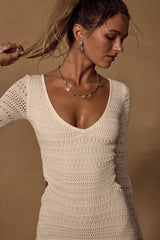 Shenoah White Crochet Cutout Long Sleeve Maxi Dress
