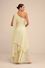 Camellia Light Yellow One-Shoulder Bow Maxi Dress